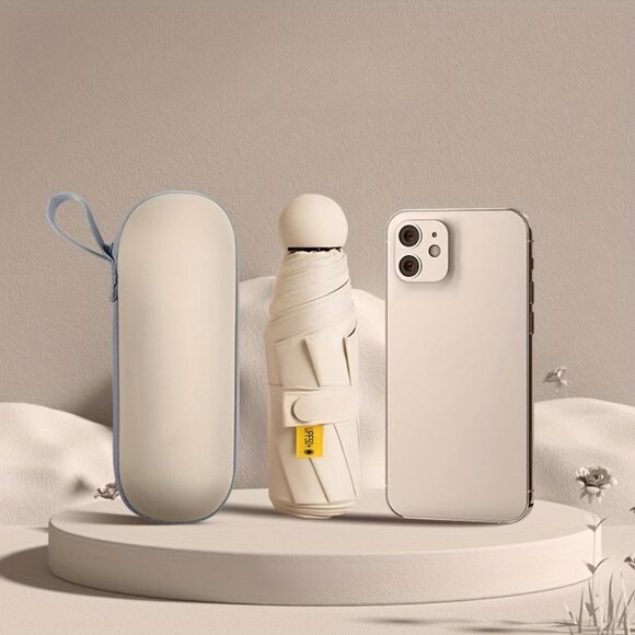 Travel Passions - Beige Mini Pocket Umbrella with Case - Picture 4 of 5